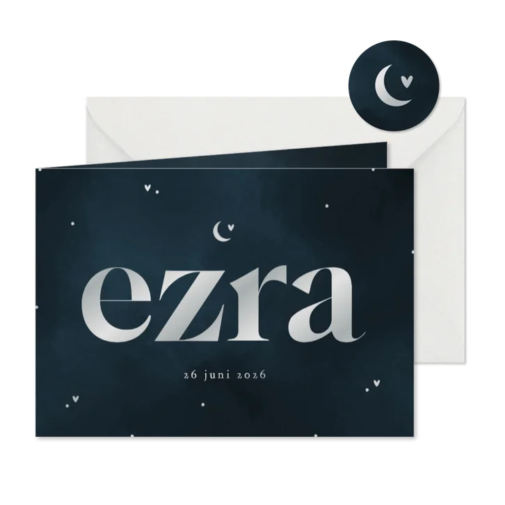 Geboortekaartje liggend donkerblauw wolk zilverfolie hart