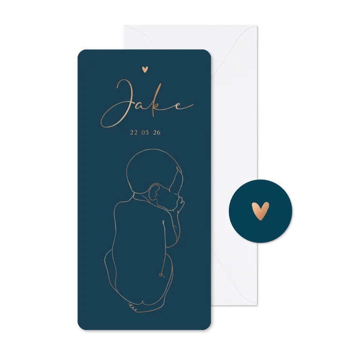 Geboortekaartje lijntekening van baby stijlvol met foliedruk