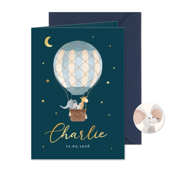 Geboortekaartje luchtballon dieren vintage sterren maan