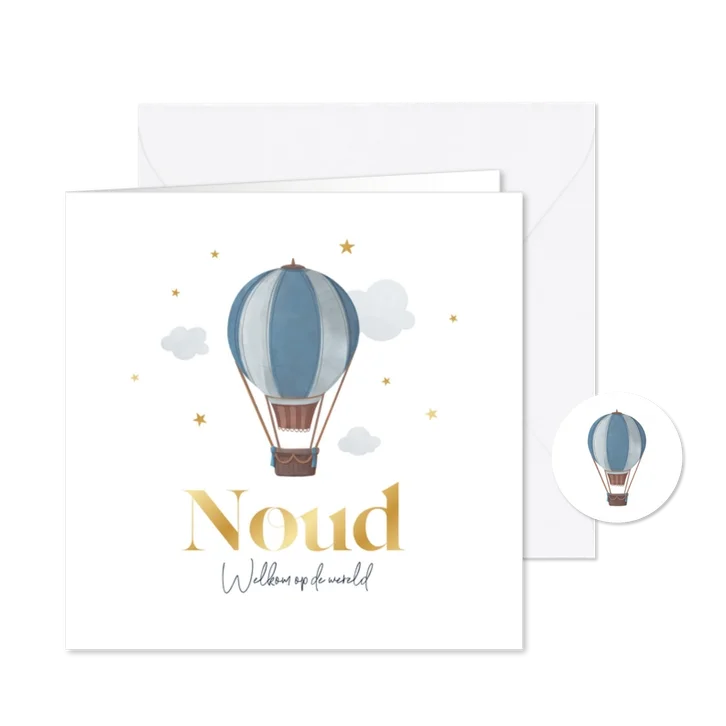 Geboortekaartje luchtballon jongen vintage hip wolkjes ster