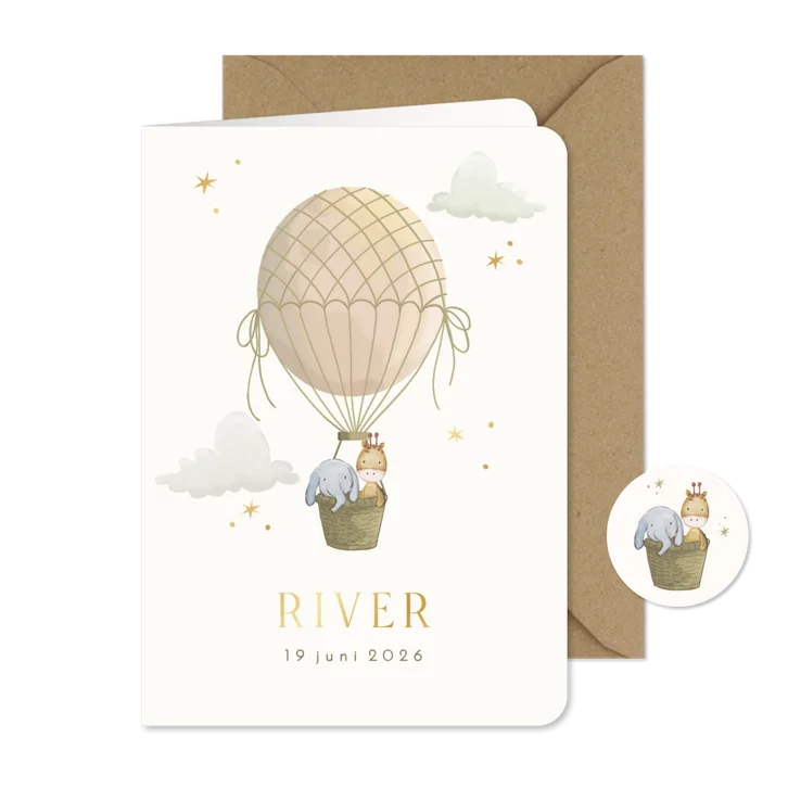 Geboortekaartje luchtballon met wolken en olifant en giraf