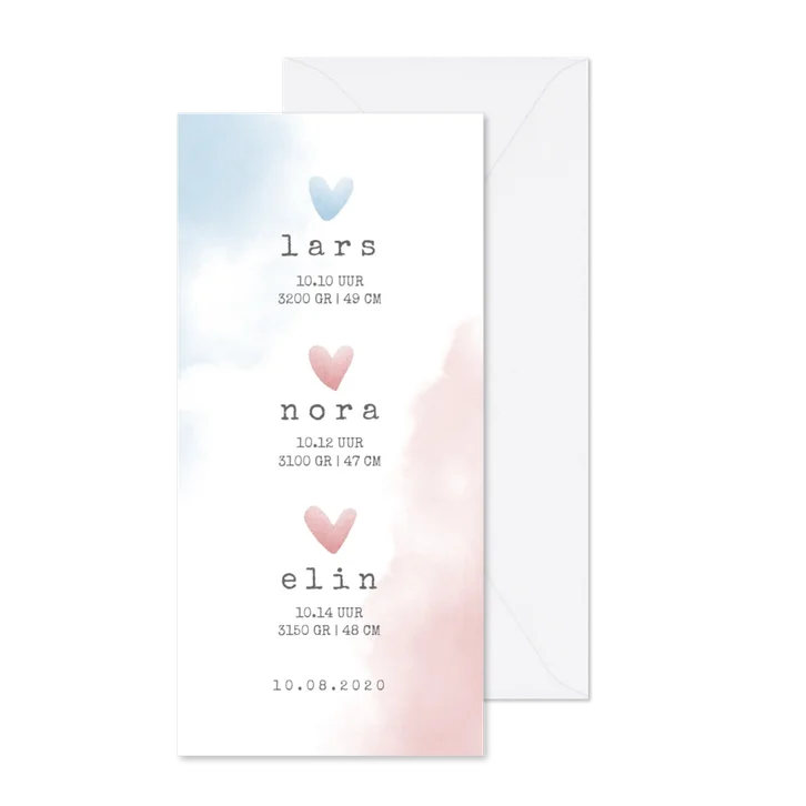 Geboortekaartje meerling met hartjes en waterverf