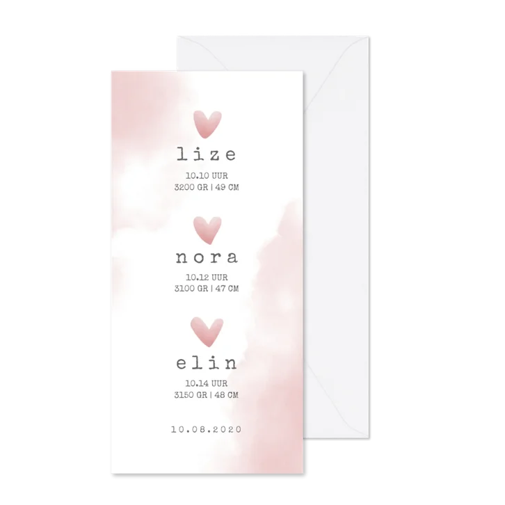 Geboortekaartje meerling met roze hartjes en waterverf