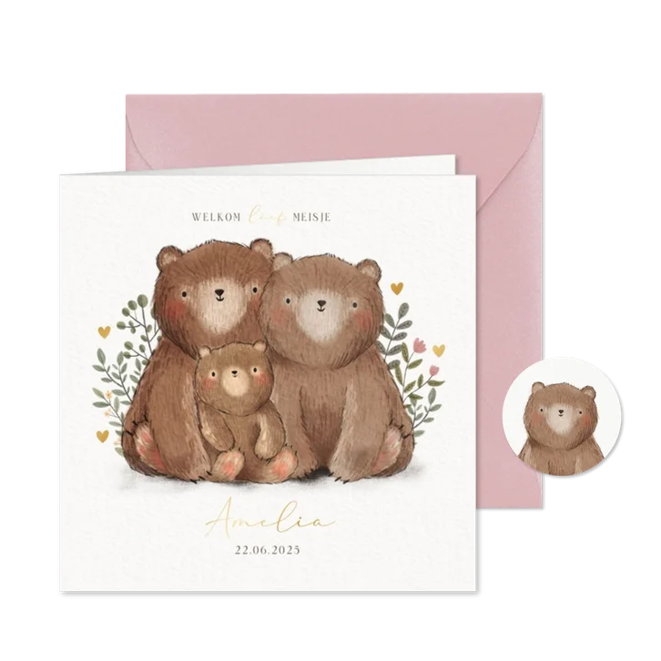 Geboortekaartje meisje berenfamilie plantjes & hartjes