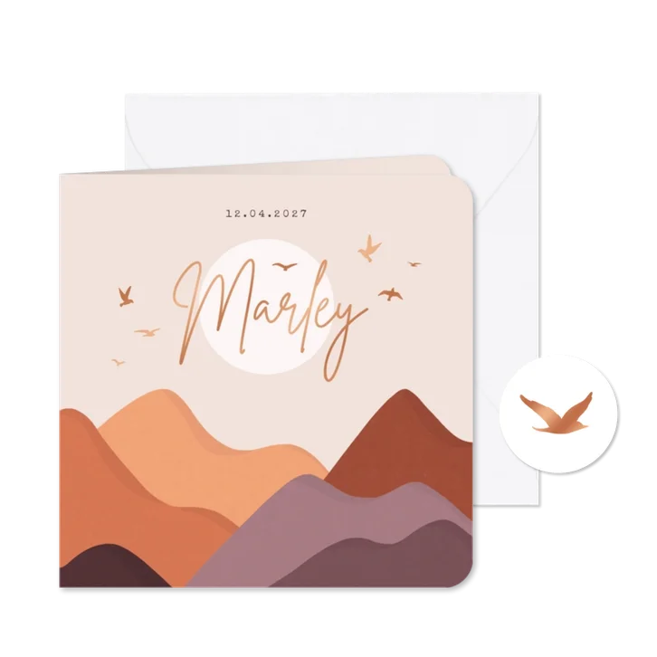 Geboortekaartje meisje bergen natuur maan vogeltjes koper
