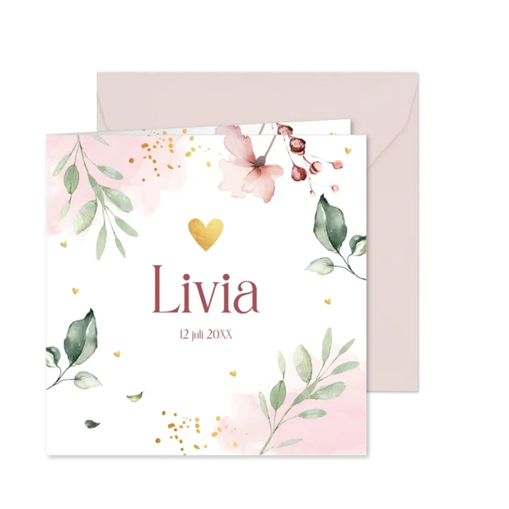 Geboortekaartje meisje bloemen blaadjes roze groen waterverf