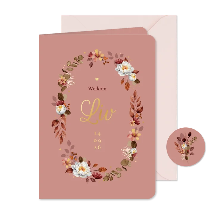 Geboortekaartje meisje bloemen klassiek oudroze goud hartjes