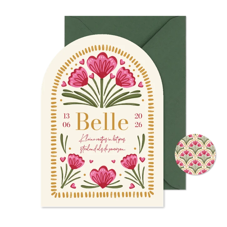 Geboortekaartje meisje boogkaart bloemen uniek bijzonder
