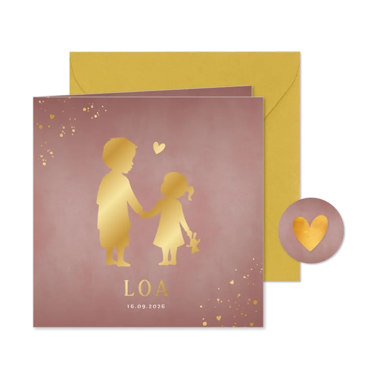 Geboortekaartje meisje broer & zusje silhouet in goudfolie