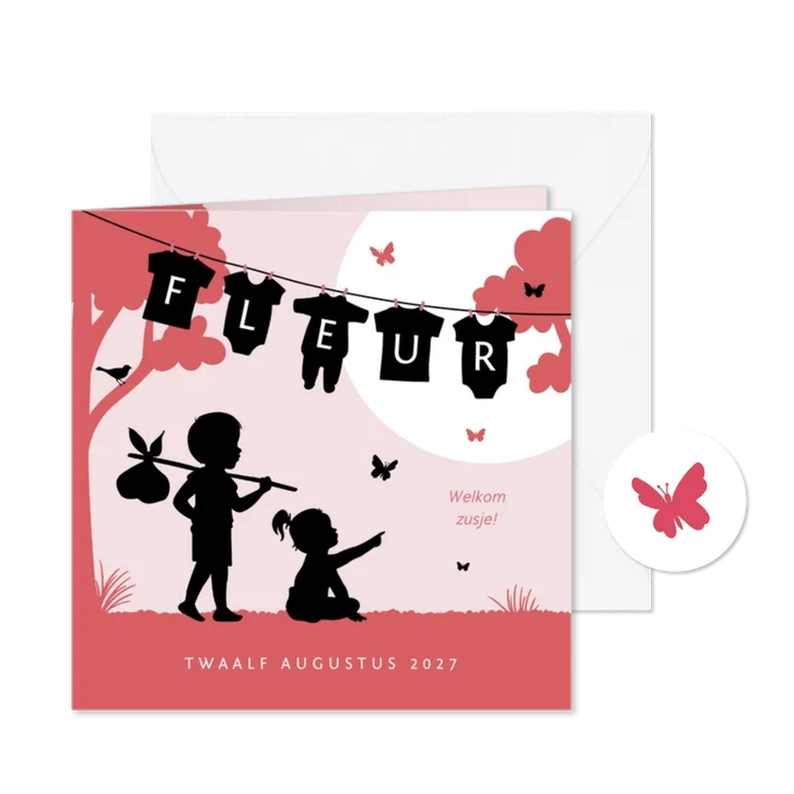Geboortekaartje meisje broertje zusje silhouet waslijn