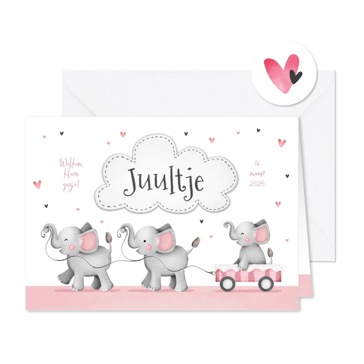 Geboortekaartje meisje derde kindje zusje olifantjes hartjes