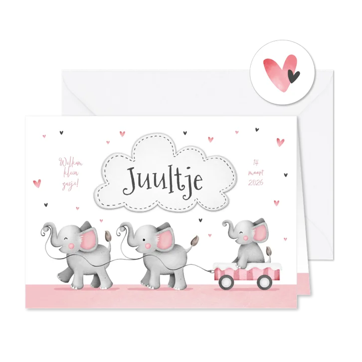 Geboortekaartje meisje derde kindje zusje olifantjes hartjes