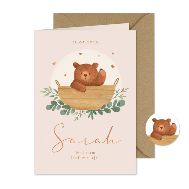 Geboortekaartje meisje dieren beertje mandje koper lief