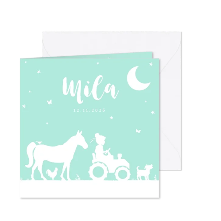 Geboortekaartje meisje dieren boerderij tractor mint maan