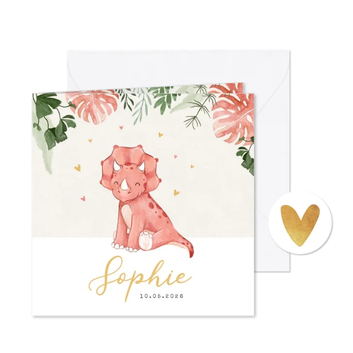 Geboortekaartje meisje dino triceratops meisje hartjes 