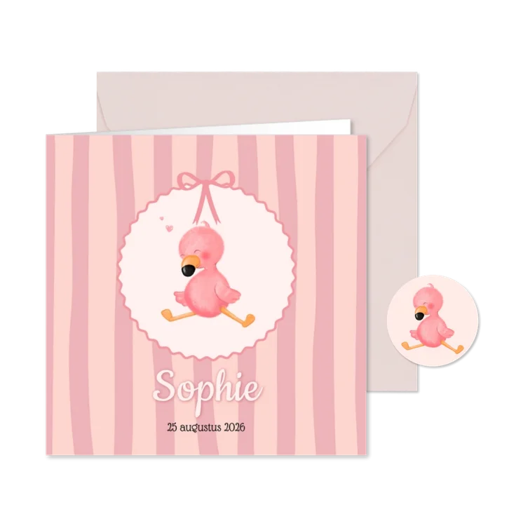 Geboortekaartje meisje flamingo met roze streepjes