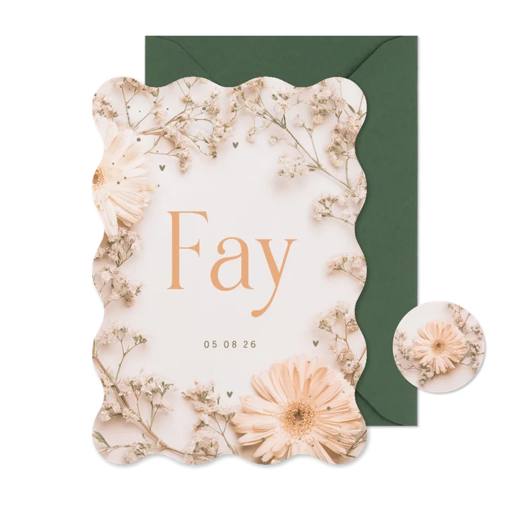 Geboortekaartje meisje gipskruid golfrand gerbera zalmroze