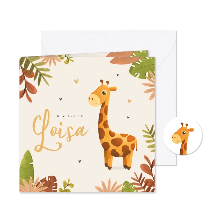 Geboortekaartje meisje giraf illustratie jungle hartjes