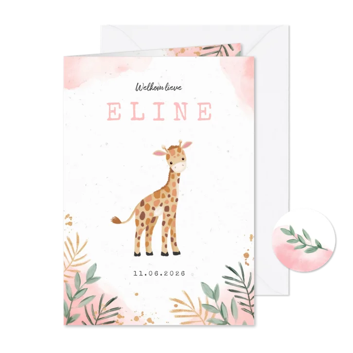 Geboortekaartje meisje giraf waterverf botanisch