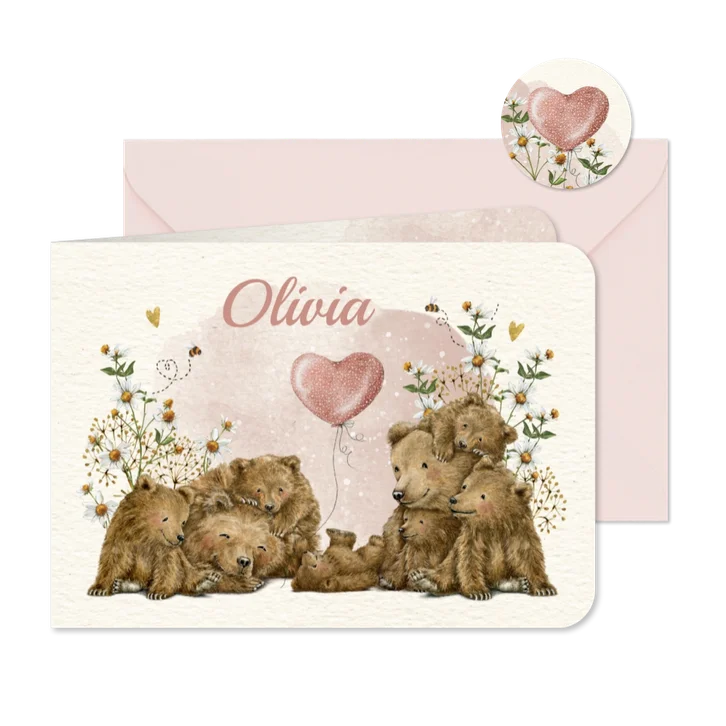 Geboortekaartje meisje groot gezin met beren familie