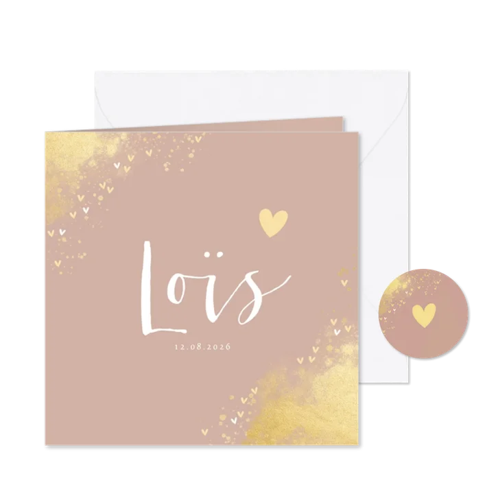 Geboortekaartje meisje hip gouden spetters en hartjes