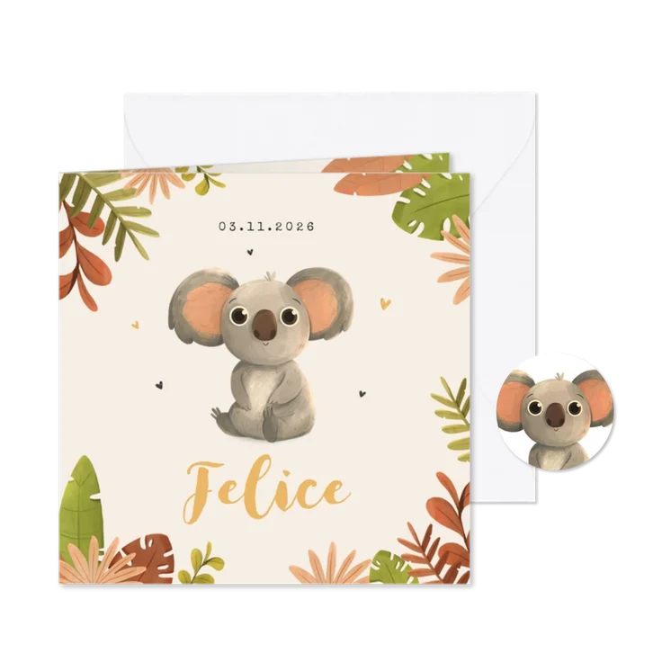 Geboortekaartje meisje jungle dier koala hartjes
