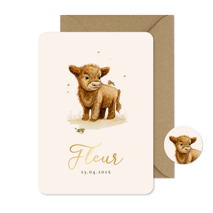 Geboortekaartje meisje kalfje schattig vogeltjes waterverf