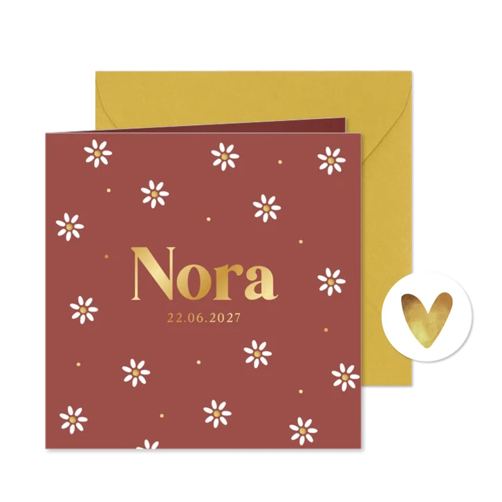 Geboortekaartje meisje lente zomer bloemetjes goud