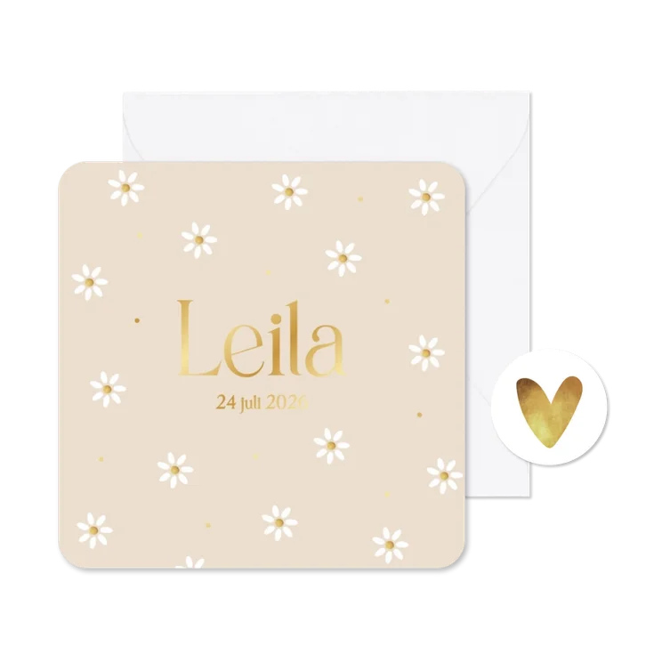 Geboortekaartje meisje lente zomer margrietjes goud