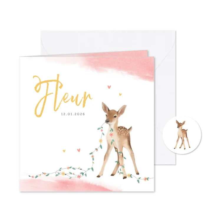 Geboortekaartje meisje lief hertje bloemen lente waterverf