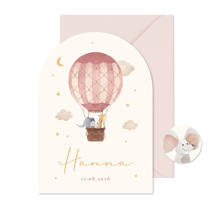 Geboortekaartje meisje luchtballon wolken dieren met boog