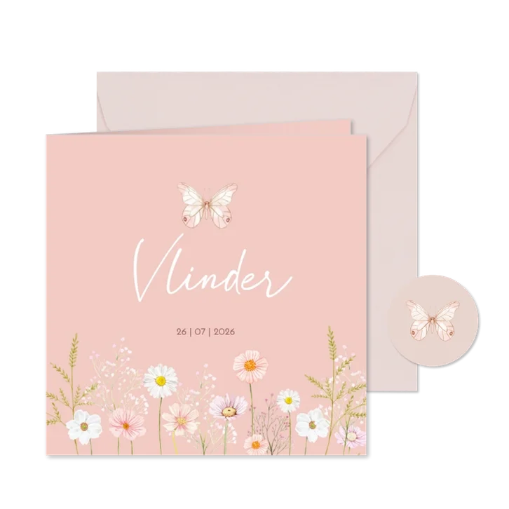 Geboortekaartje meisje met bloemen en vlinder