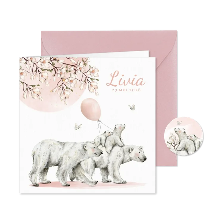 Geboortekaartje meisje met ijsbeer familie onder de zon