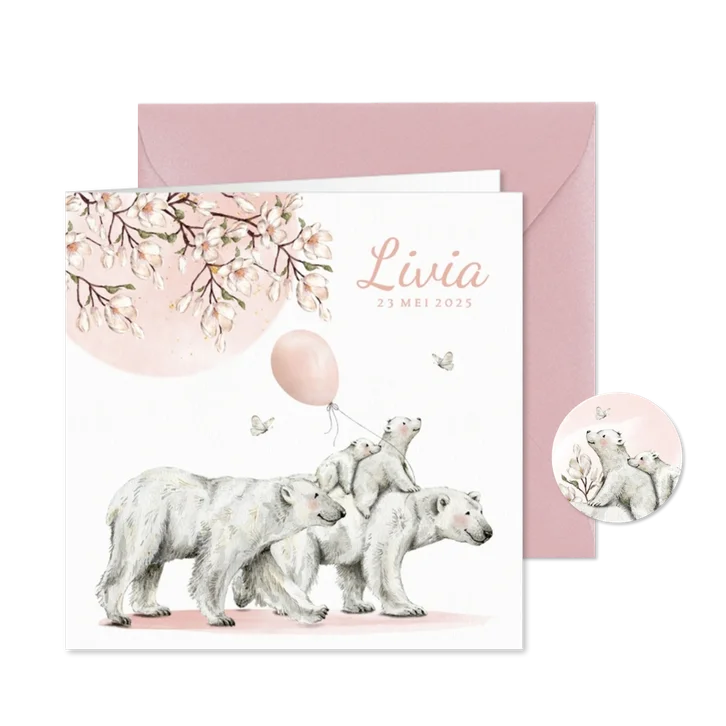 Geboortekaartje meisje met ijsbeer familie onder de zon