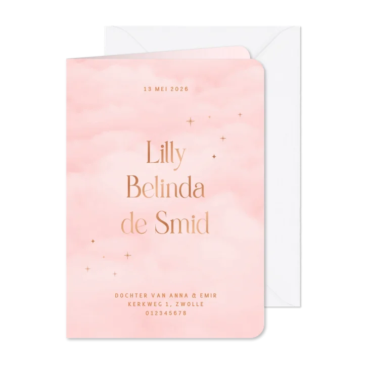 Geboortekaartje meisje met roze wolken en volledige naam