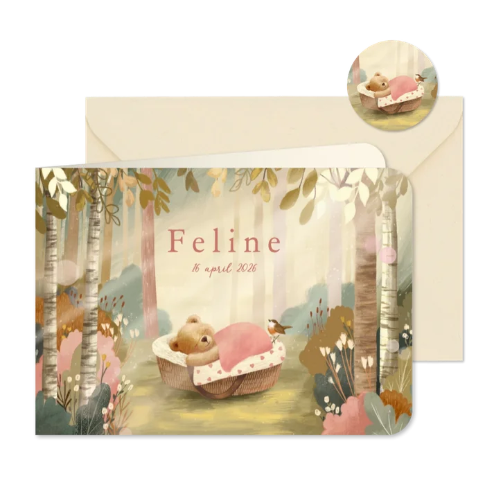 Geboortekaartje meisje met slapend beertje in het bos