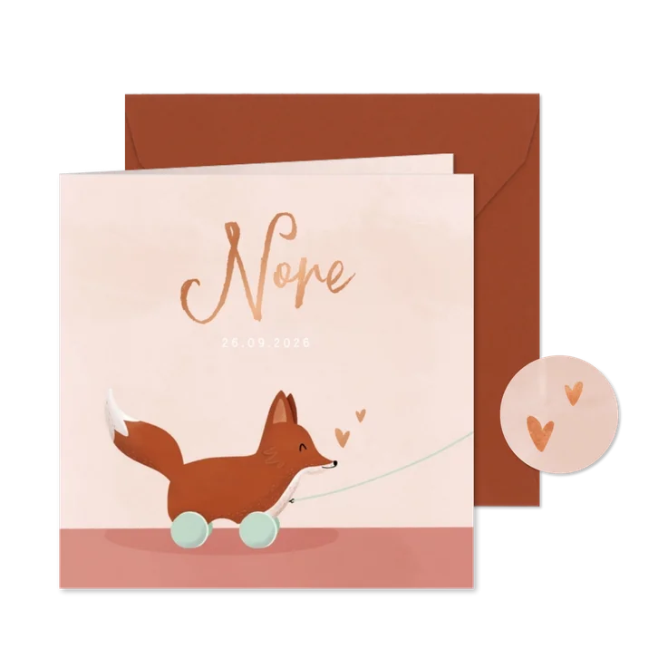 Geboortekaartje meisje met speelgoedvos