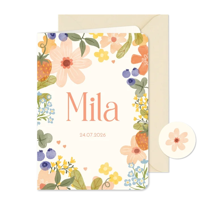 Geboortekaartje meisje met vrolijke bloemen