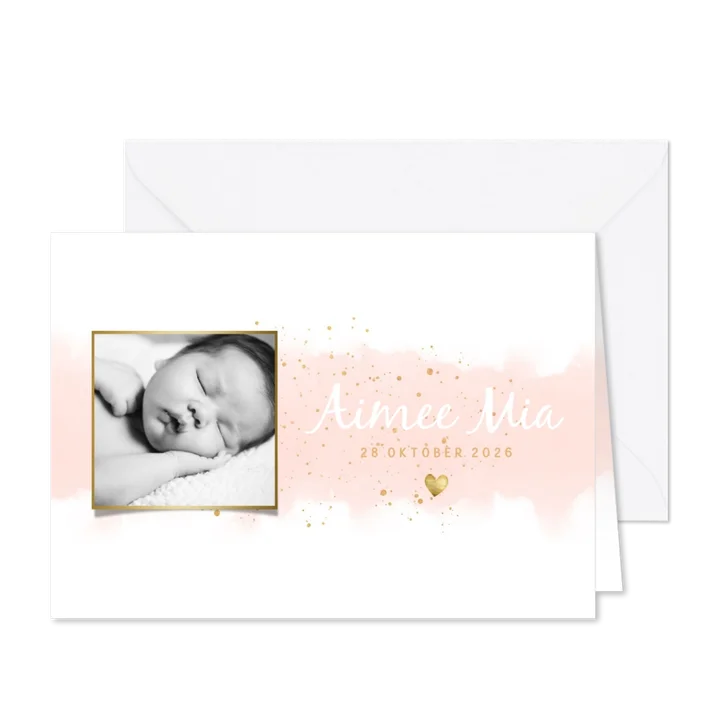 Geboortekaartje meisje met waterverf, hartjes en spetters