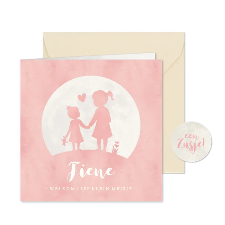 Geboortekaartje meisje met zusje hand in hand in volle maan