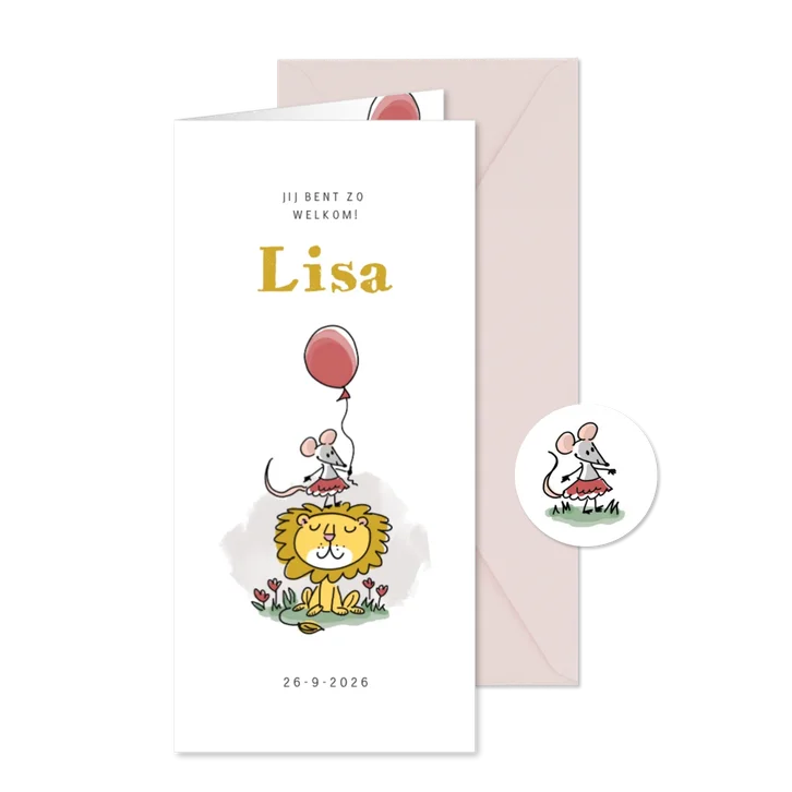 Geboortekaartje meisje muisje met ballon en leeuw
