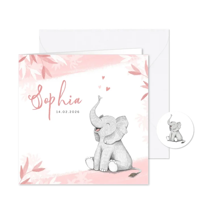 Geboortekaartje meisje olifant dieren roze illustratie