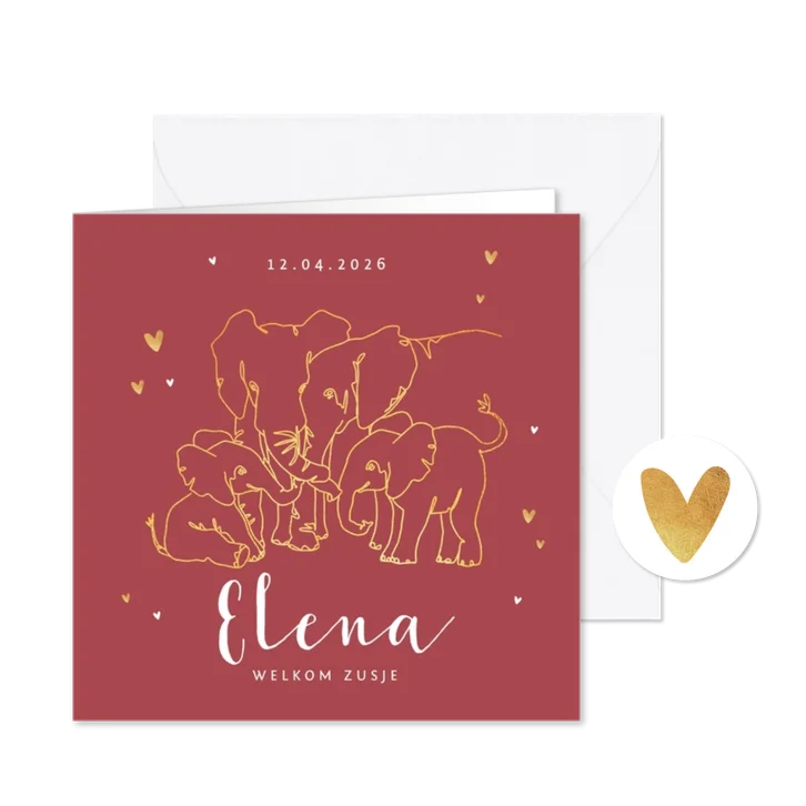 Geboortekaartje meisje olifant dieren zusje broertje goud