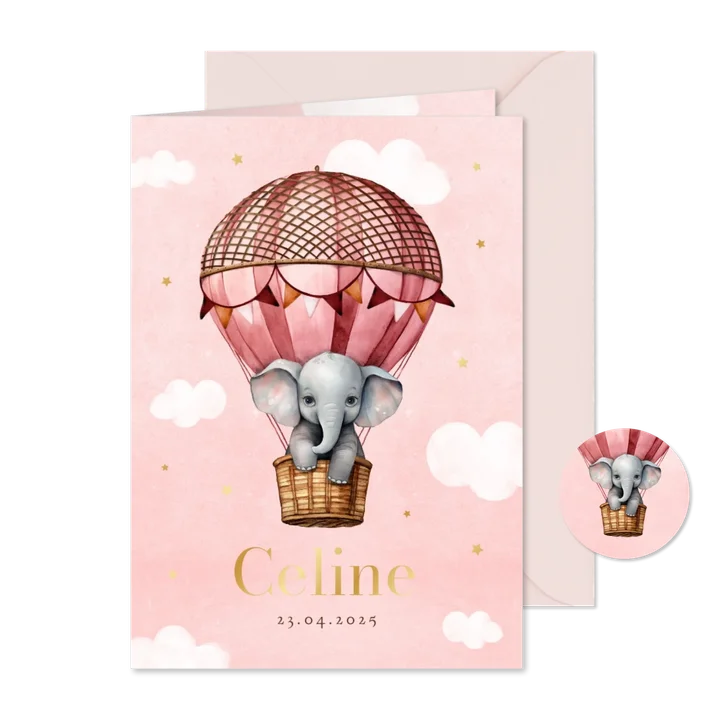 Geboortekaartje meisje olifant luchtballon wolken sterren