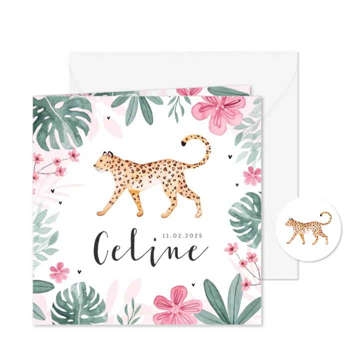 Geboortekaartje meisje panter luipaard jungle roze hartjes