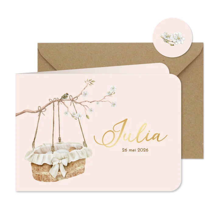 Geboortekaartje meisje rotan mandje aan takje met bloesem