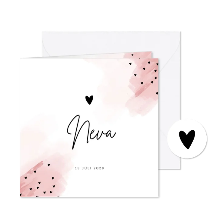 Geboortekaartje meisje roze watercolor hartjes