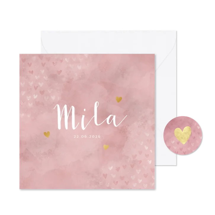 Geboortekaartje meisje roze waterverf en foliedruk hartjes