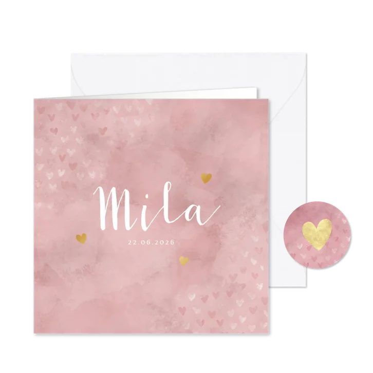 Geboortekaartje meisje roze waterverf en foliedruk hartjes