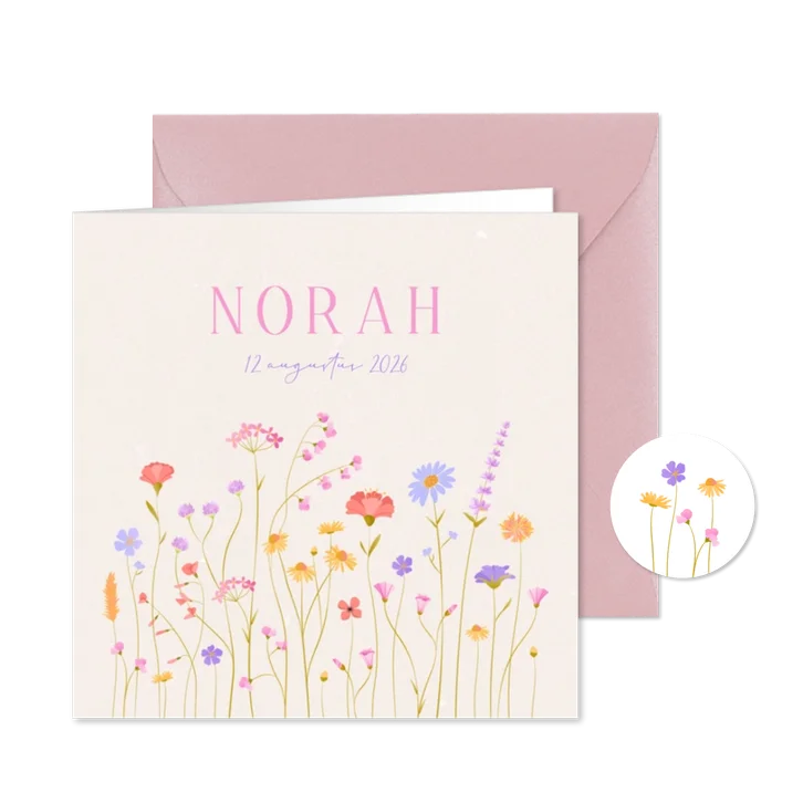 Geboortekaartje meisje sierlijk geïllustreerde wilde bloemen